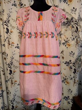 Ladies Red Striped Homemade Embroidered Cotton Dress with Rainbow Detail
